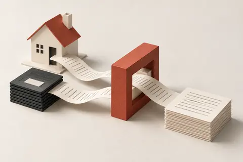 Records from a paper house and savings ledgers pass through one frame into a stack of reports.