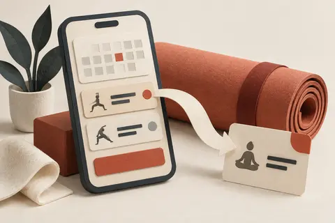 A paper phone shows class choices beside an exercise mat, with a path to a booking card.
