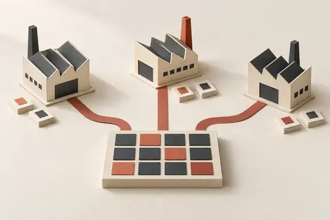 Three paper factory buildings connect to a shared board of operational records.